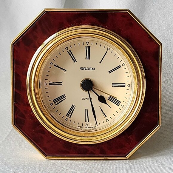 Gruen Quartz Octagon Alarm Clock 1980 3x3 Tortoise Shell West Germany Vintage - Picture 1 of 8